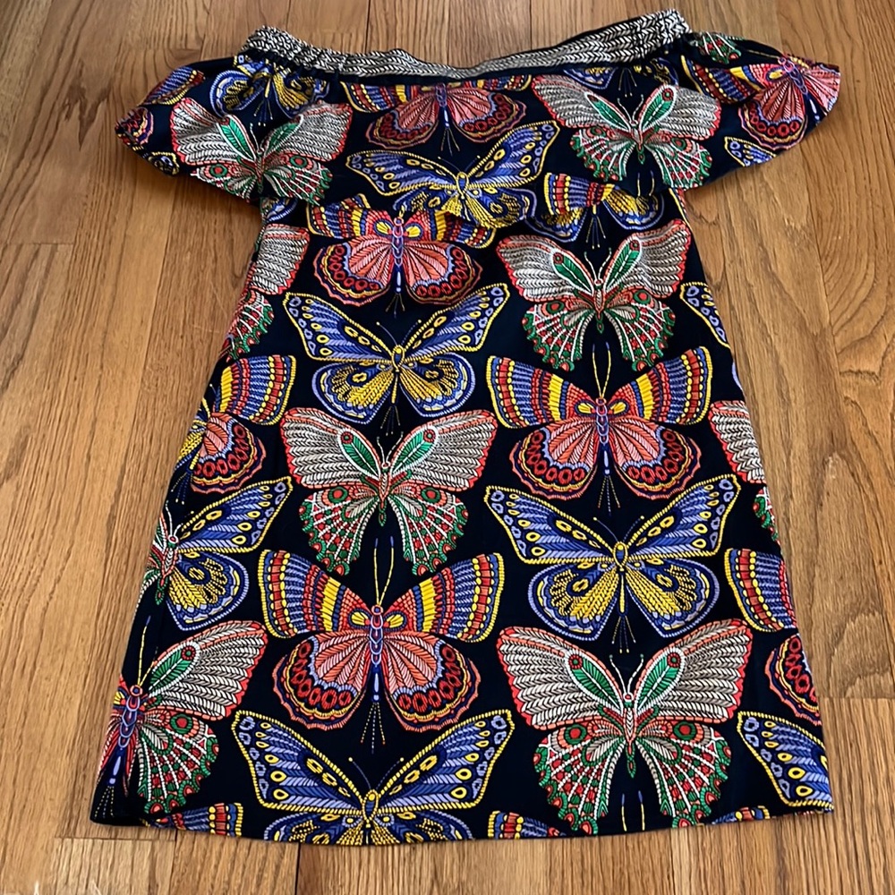 Trina Turk XS butterfly print off the shoulder mini dress. NWT